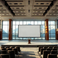 Empty conference hall at Jackson Hole prepared for the central bank symposium.