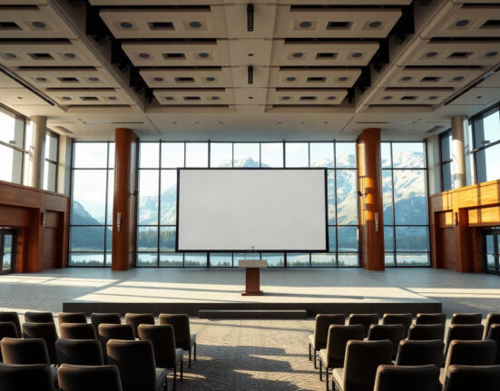 Empty conference hall at Jackson Hole prepared for the central bank symposium.