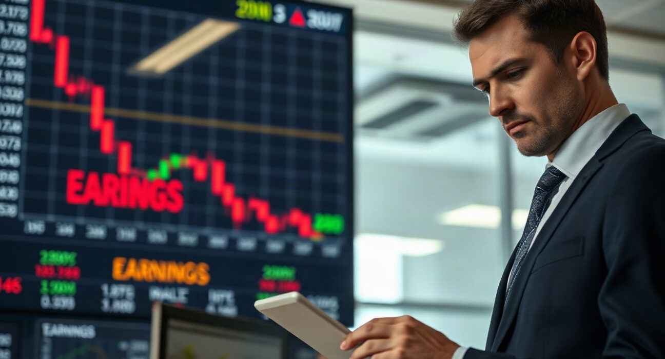 Stock market analyst monitoring screens with earnings data and market trends