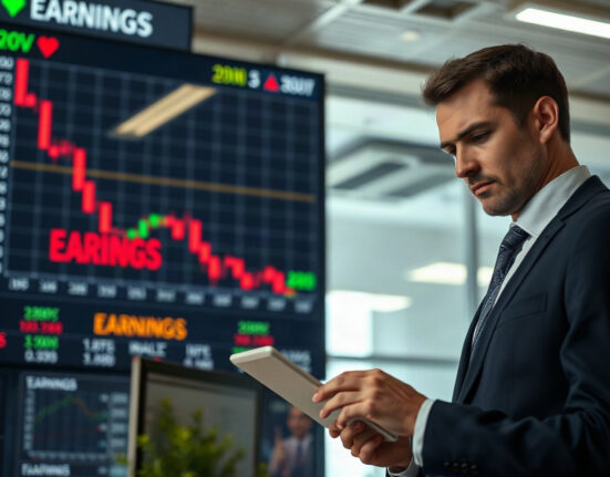 Stock market analyst monitoring screens with earnings data and market trends