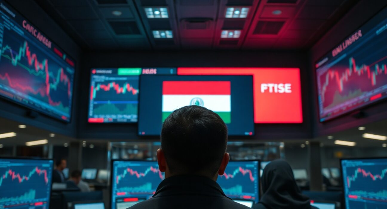 Trading screens showing market charts amid geopolitical uncertainty