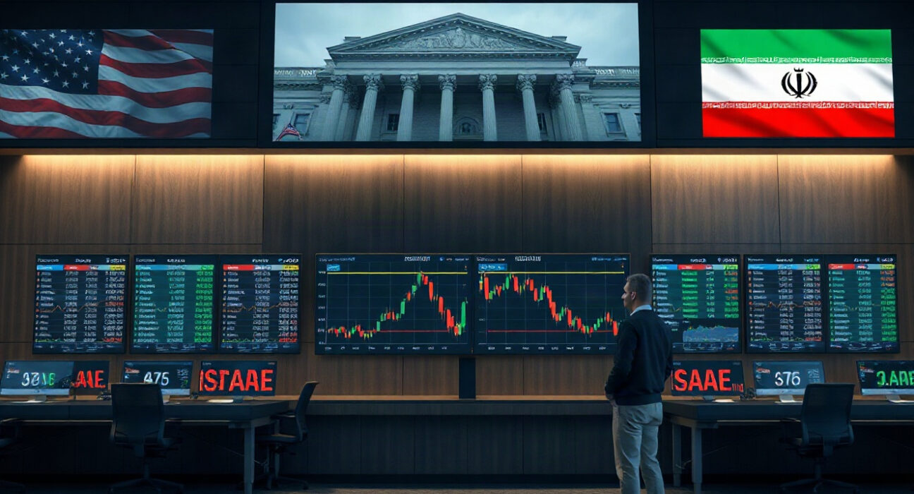 Trading screens showing oil futures decline as investors await Bessent's Iran press conference