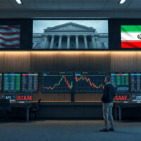 Trading screens showing oil futures decline as investors await Bessent's Iran press conference