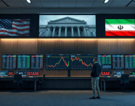 Trading screens showing oil futures decline as investors await Bessent's Iran press conference