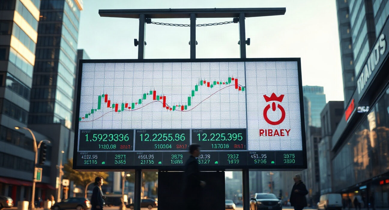 Stock market display board showing charts and numbers in a financial district