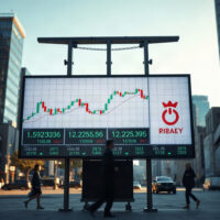 Stock market display board showing charts and numbers in a financial district