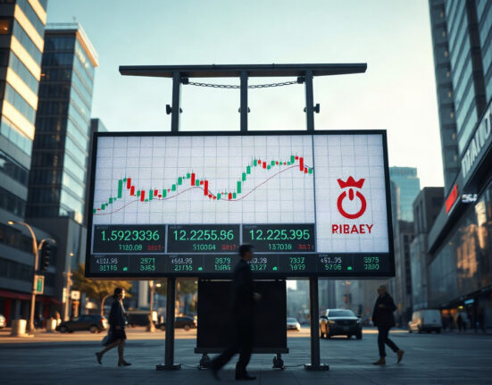 Stock market display board showing charts and numbers in a financial district