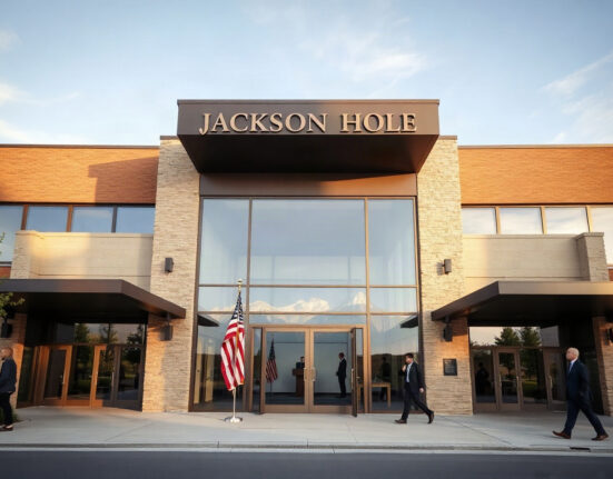 Jackson Hole conference venue with attendees, setting for Fed Chair Warsh's speech