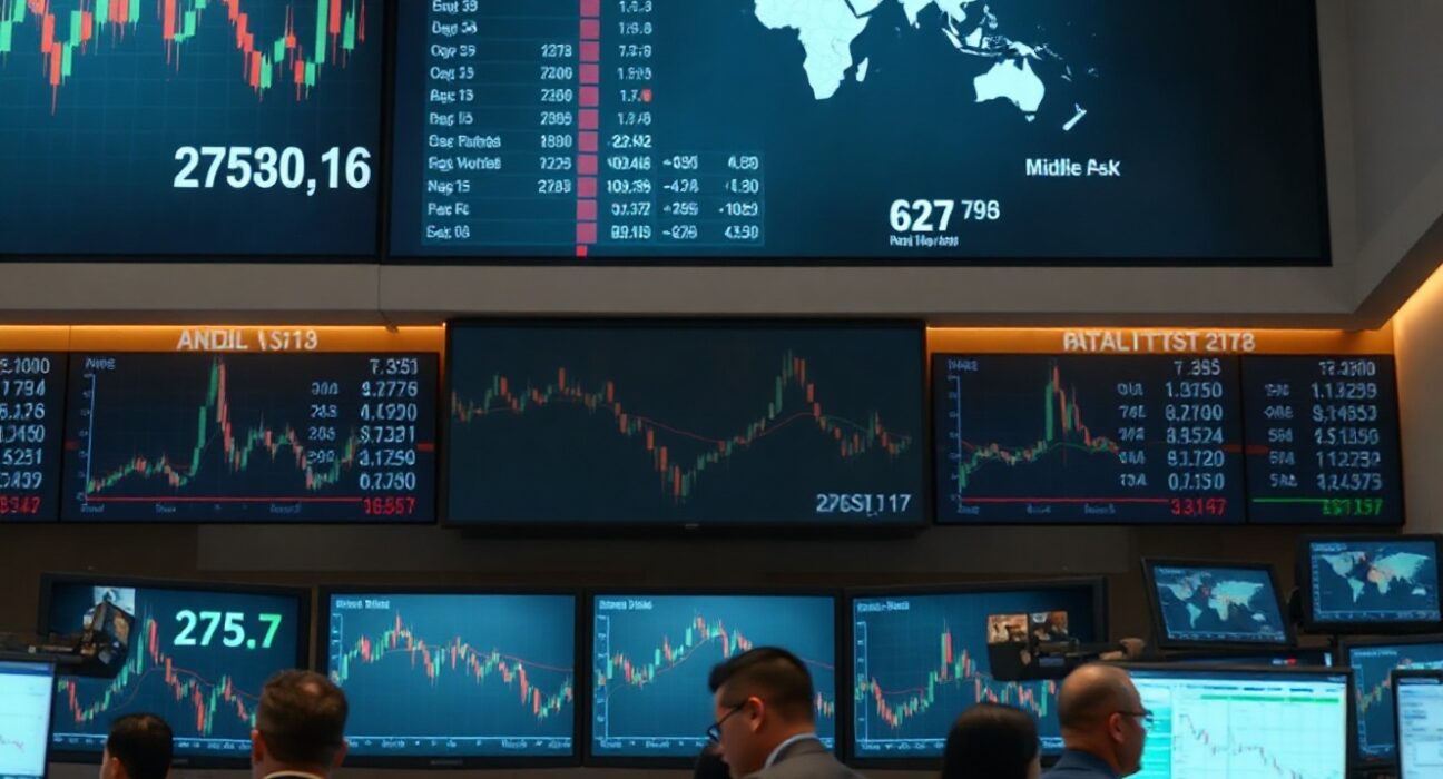 Traders monitoring screens on a stock exchange floor with global charts and Middle East map