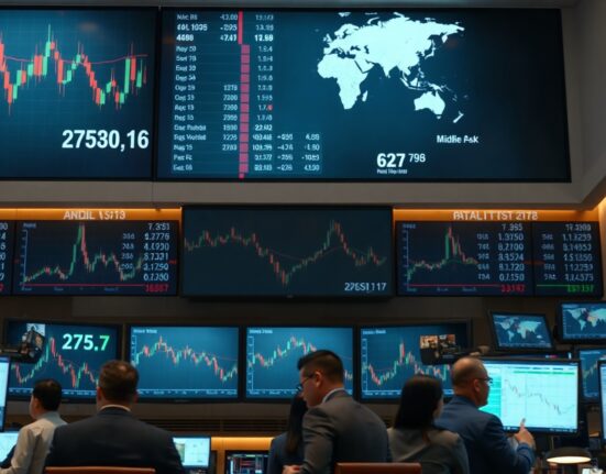 Traders monitoring screens on a stock exchange floor with global charts and Middle East map