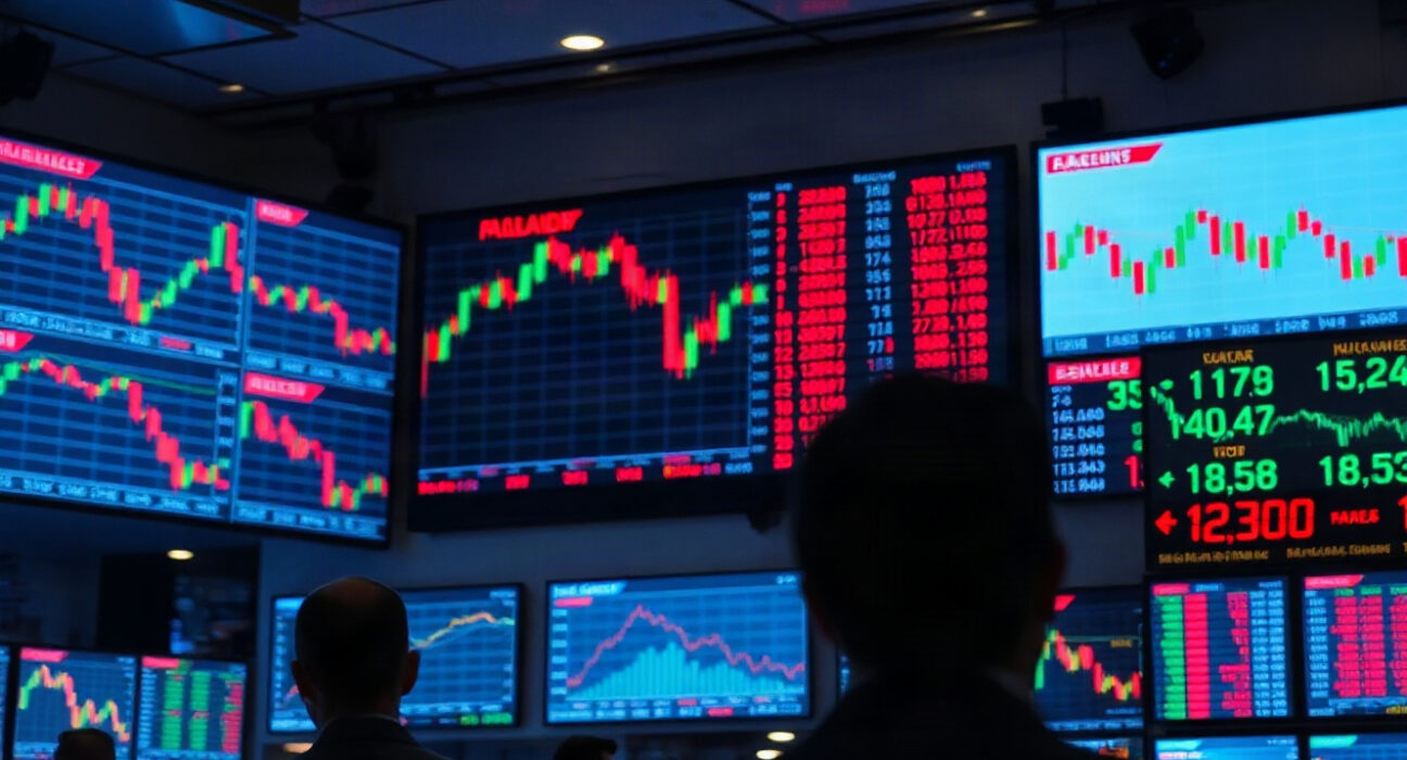 Traders monitoring stock charts on screens during a cautious market session ahead of Jackson Hole.