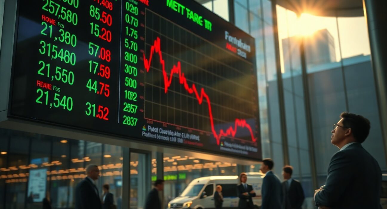 Stock market display board showing downward trend in a financial district during golden hour.