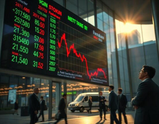 Stock market display board showing downward trend in a financial district during golden hour.