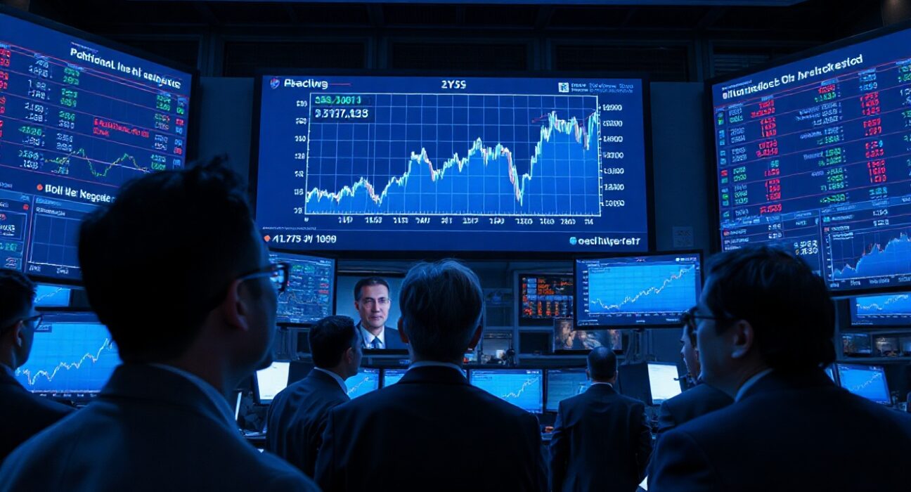 Traders monitoring screens showing rising oil prices and market data in a modern trading floor