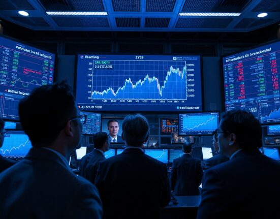 Traders monitoring screens showing rising oil prices and market data in a modern trading floor