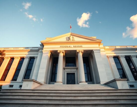 Federal Reserve building in Washington, D.C., on a sunny afternoon, representing monetary policy decisions.