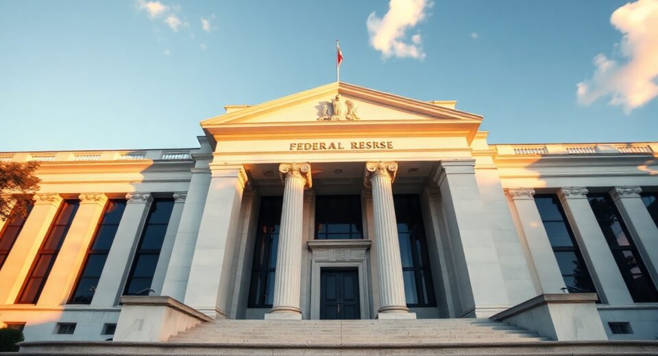 Federal Reserve building in Washington, D.C., on a sunny afternoon, representing monetary policy decisions.