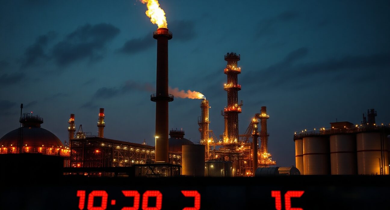 Oil refinery at dusk with stock market ticker in foreground, symbolizing conflict between energy prices and interest rate expectations.