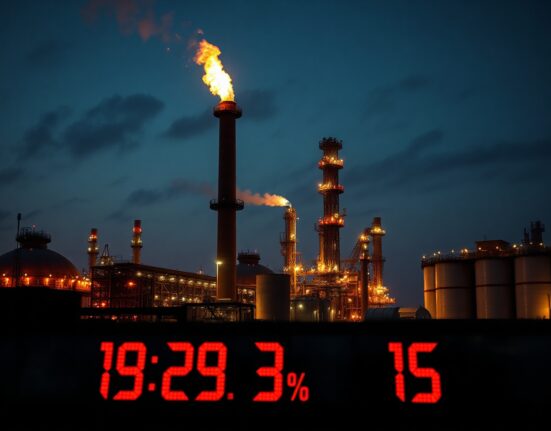 Oil refinery at dusk with stock market ticker in foreground, symbolizing conflict between energy prices and interest rate expectations.