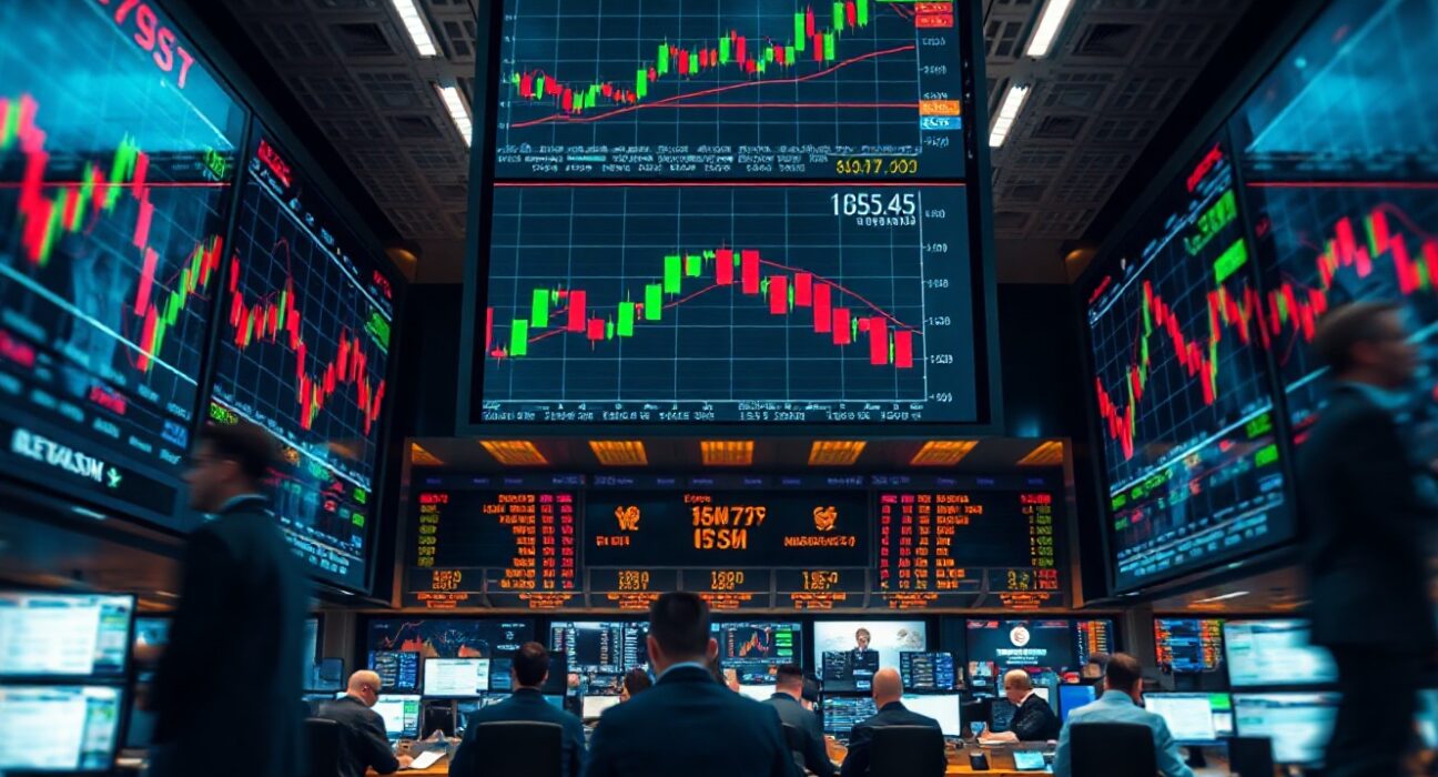 Trading screens showing market charts with mixed performance, reflecting investor focus on growth risks.