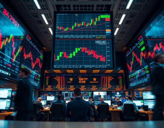 Trading screens showing market charts with mixed performance, reflecting investor focus on growth risks.