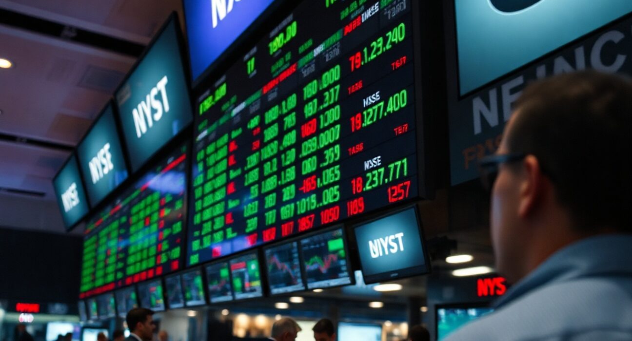 Stock market ticker board showing mixed trading as investors await CPI data