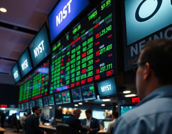 Stock market ticker board showing mixed trading as investors await CPI data