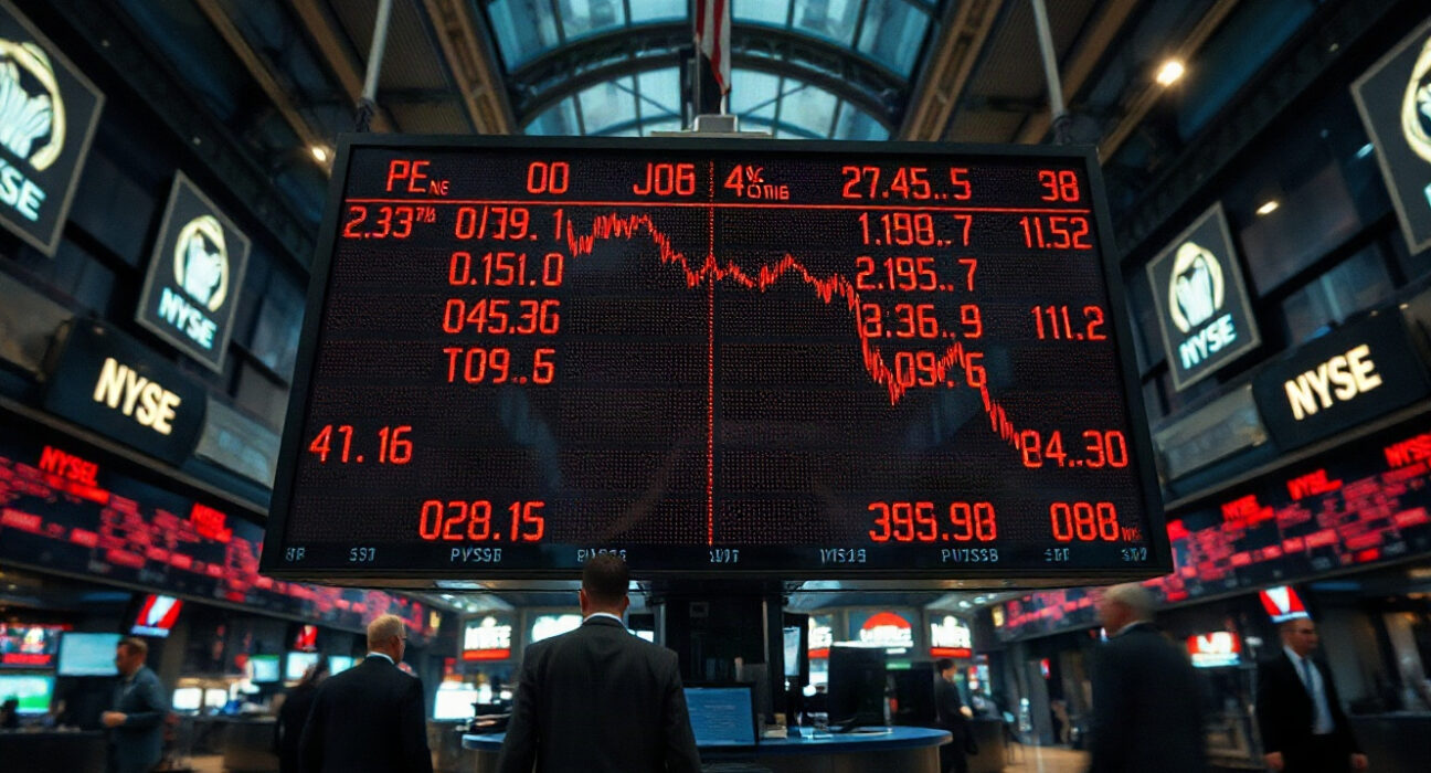 Stock market ticker board showing mixed trading signals in a financial district