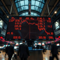 Stock market ticker board showing mixed trading signals in a financial district