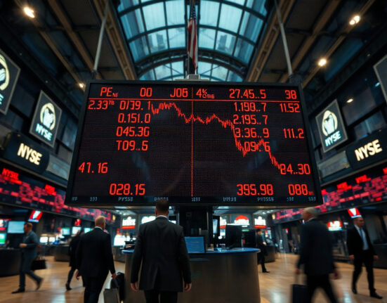 Stock market ticker board showing mixed trading signals in a financial district