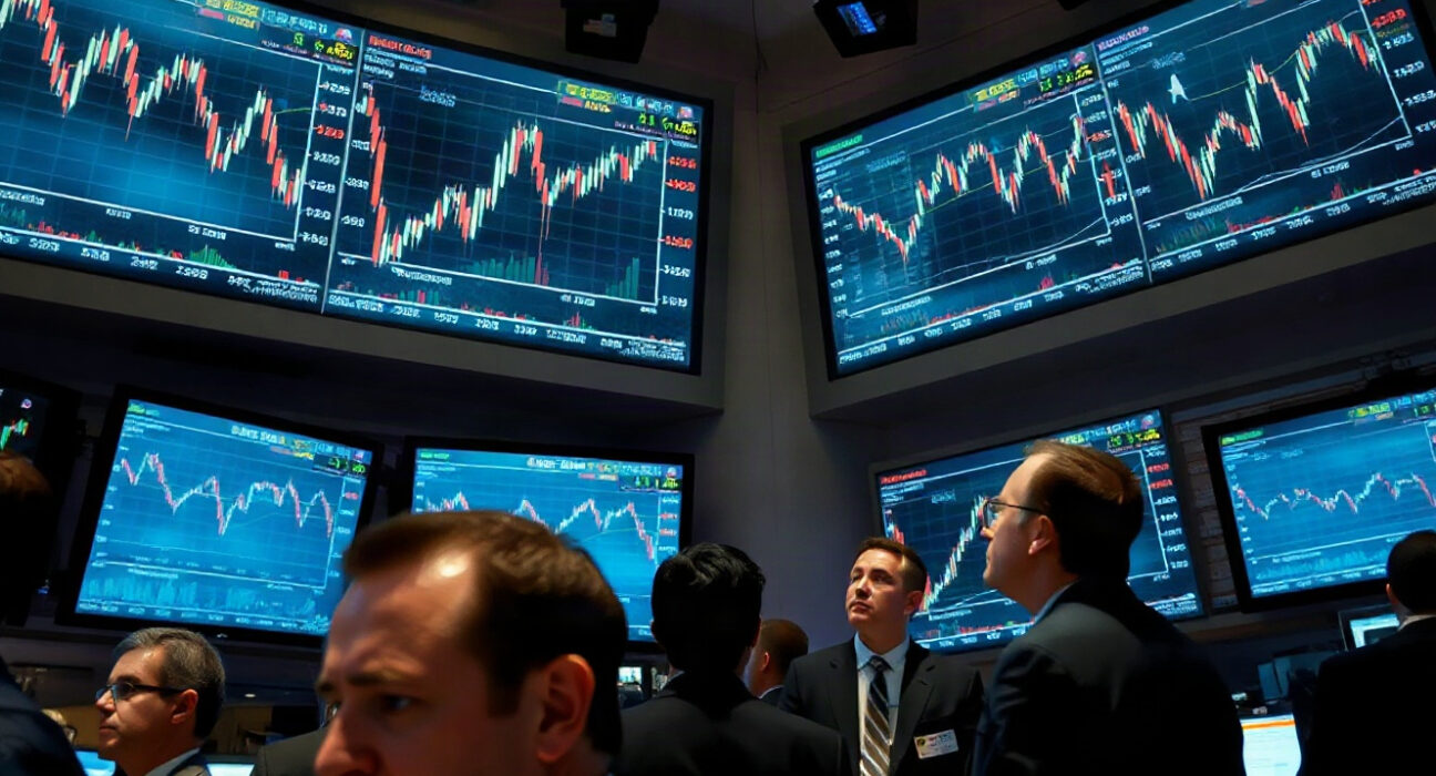 Traders watching volatile market charts on screens at a stock exchange