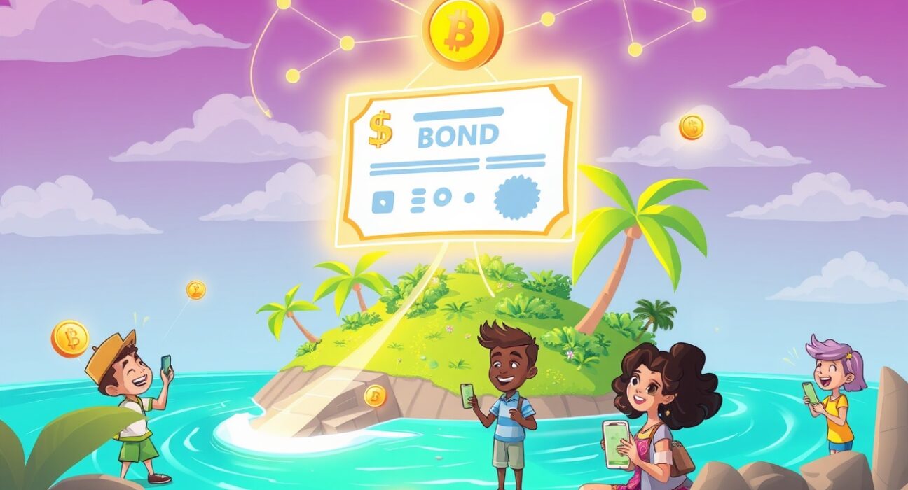 A vibrant cartoon illustration showing the Marshall Islands pioneering the world's first UBI using a Stellar-based digital bond, with happy residents receiving digital payments.