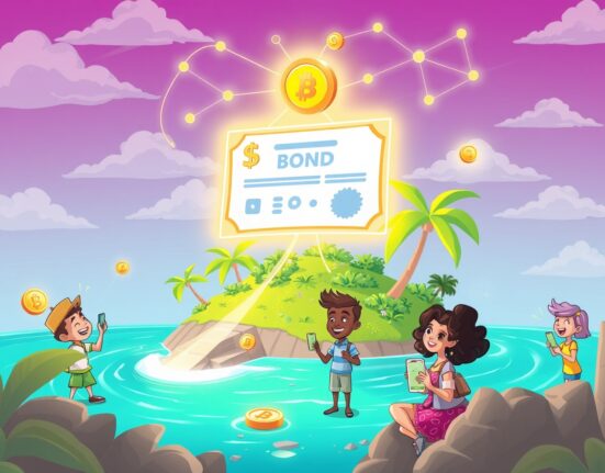 A vibrant cartoon illustration showing the Marshall Islands pioneering the world's first UBI using a Stellar-based digital bond, with happy residents receiving digital payments.
