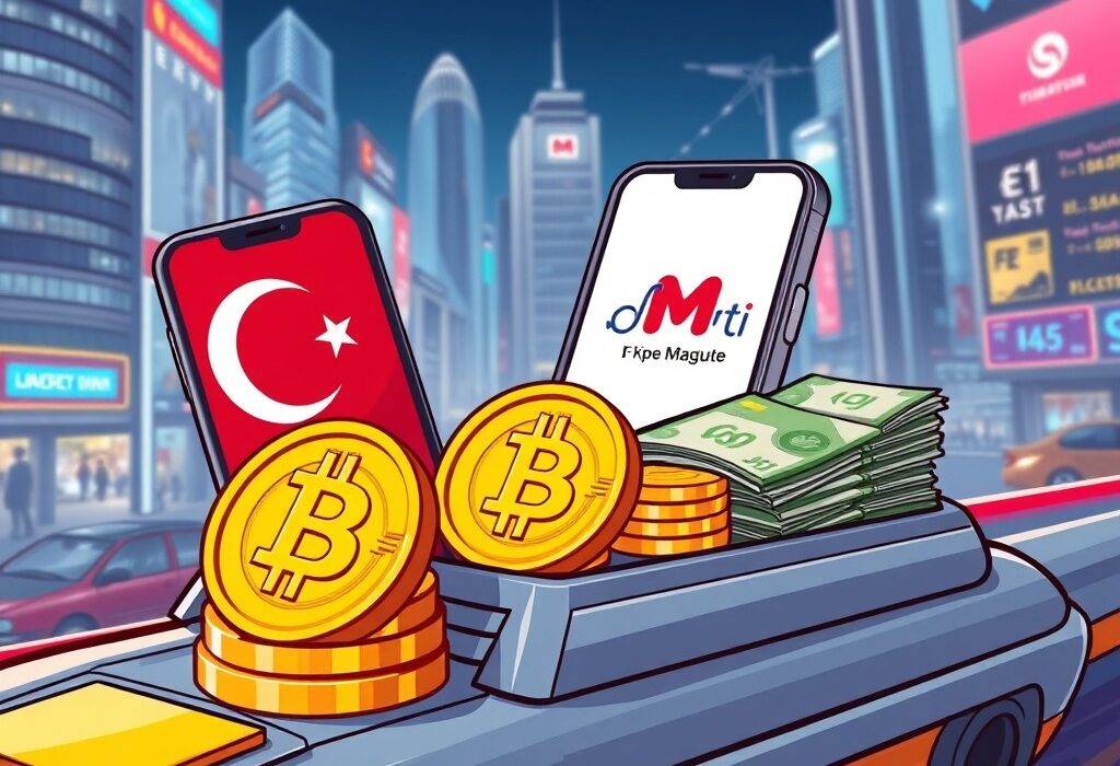 Martı's strategic crypto investment depicted by Bitcoin symbols and traditional currency, illustrating the company's innovative financial move.