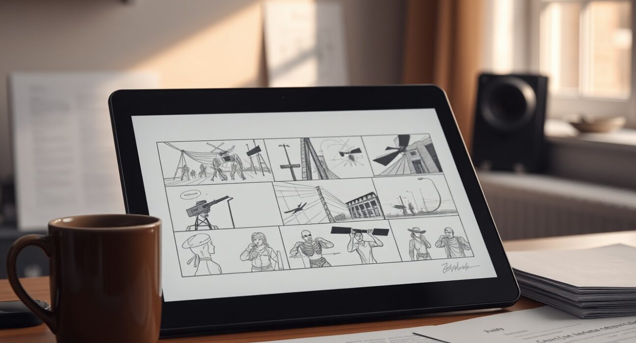 Film director workspace with AI-generated storyboard sketches on a tablet, representing Scorsese's use of AI for pre-production