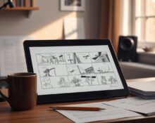 Film director workspace with AI-generated storyboard sketches on a tablet, representing Scorsese's use of AI for pre-production