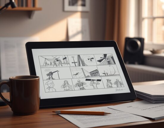 Film director workspace with AI-generated storyboard sketches on a tablet, representing Scorsese's use of AI for pre-production