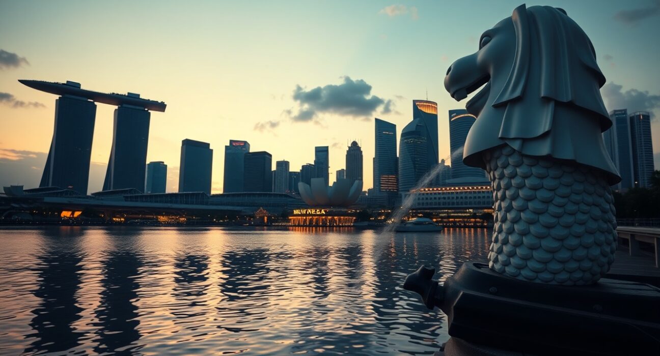 Singapore skyline at dusk with Marina Bay Sands and financial district, symbolizing economic resilience.