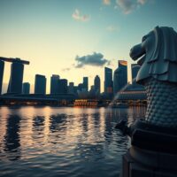 Singapore skyline at dusk with Marina Bay Sands and financial district, symbolizing economic resilience.