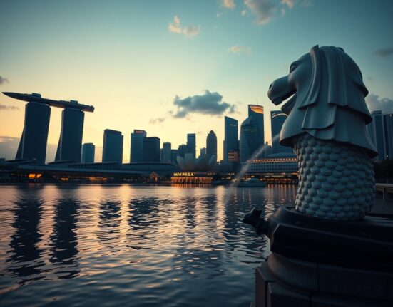 Singapore skyline at dusk with Marina Bay Sands and financial district, symbolizing economic resilience.
