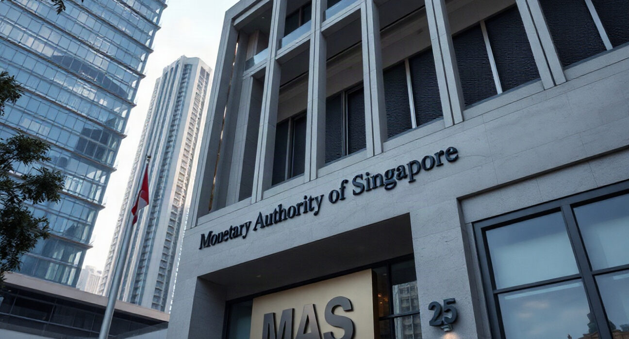 Monetary Authority of Singapore building in the central business district, symbolizing financial regulation.