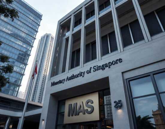 Monetary Authority of Singapore building in the central business district, symbolizing financial regulation.