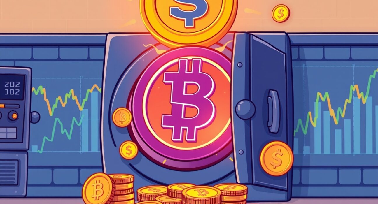 A cartoon illustration showing a massive influx of 250 million USDC minted into the crypto ecosystem, represented by a giant coin appearing from a digital vault.