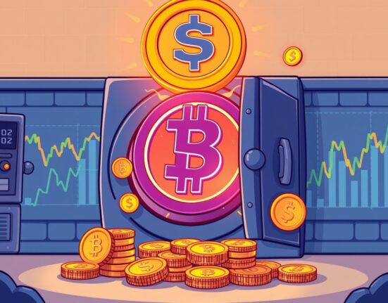 A cartoon illustration showing a massive influx of 250 million USDC minted into the crypto ecosystem, represented by a giant coin appearing from a digital vault.