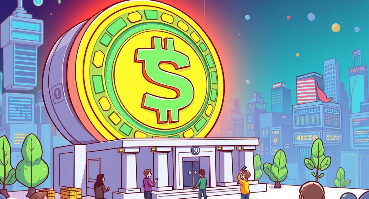 A cartoon illustration showing a large amount of USDC minted from a treasury, representing significant stablecoin activity.