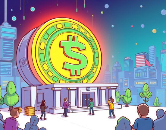 A cartoon illustration showing a large amount of USDC minted from a treasury, representing significant stablecoin activity.