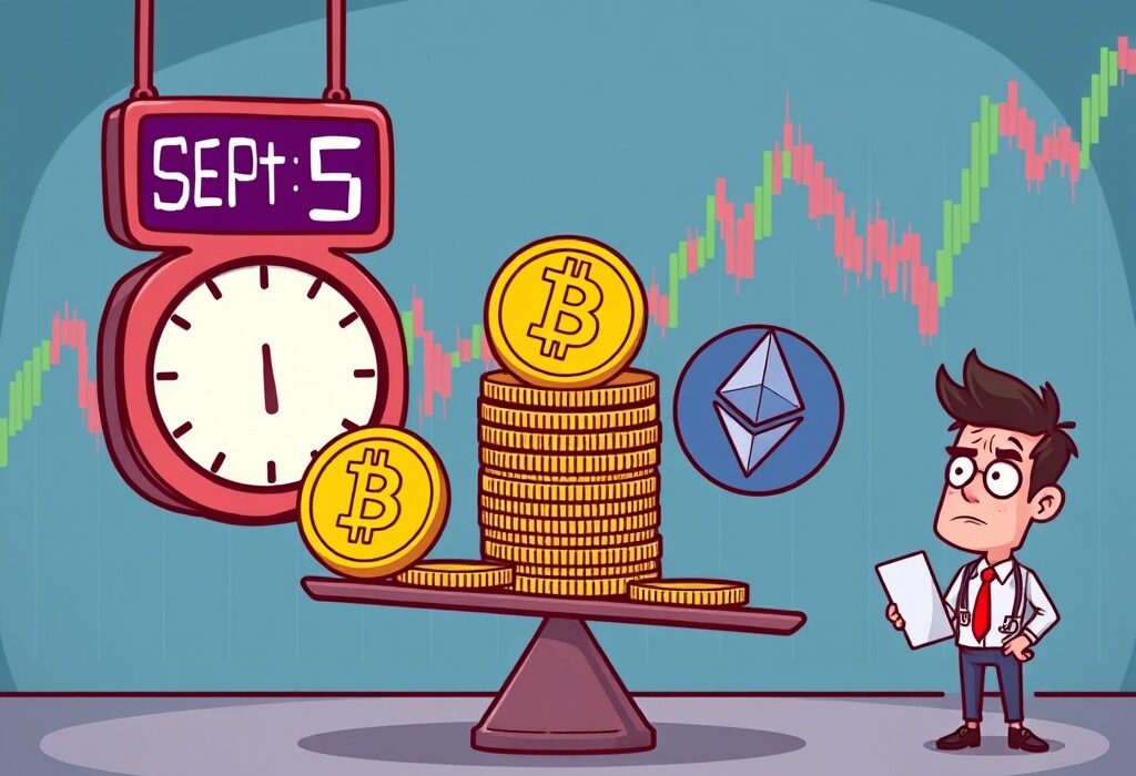A cartoon illustration showing the impending Bitcoin options expiry and its potential market impact, with crypto symbols on a scale.