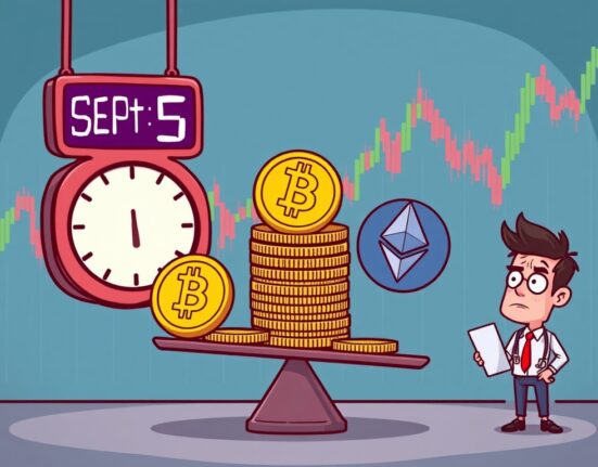 A cartoon illustration showing the impending Bitcoin options expiry and its potential market impact, with crypto symbols on a scale.