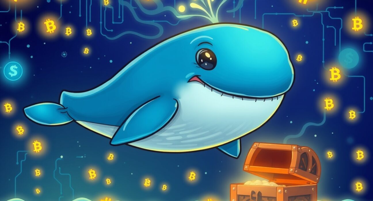 A cartoon whale representing a large Bitcoin transaction moving through a digital blockchain network.