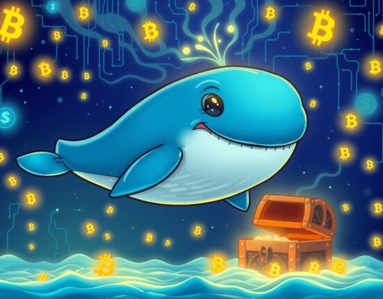 A cartoon whale representing a large Bitcoin transaction moving through a digital blockchain network.